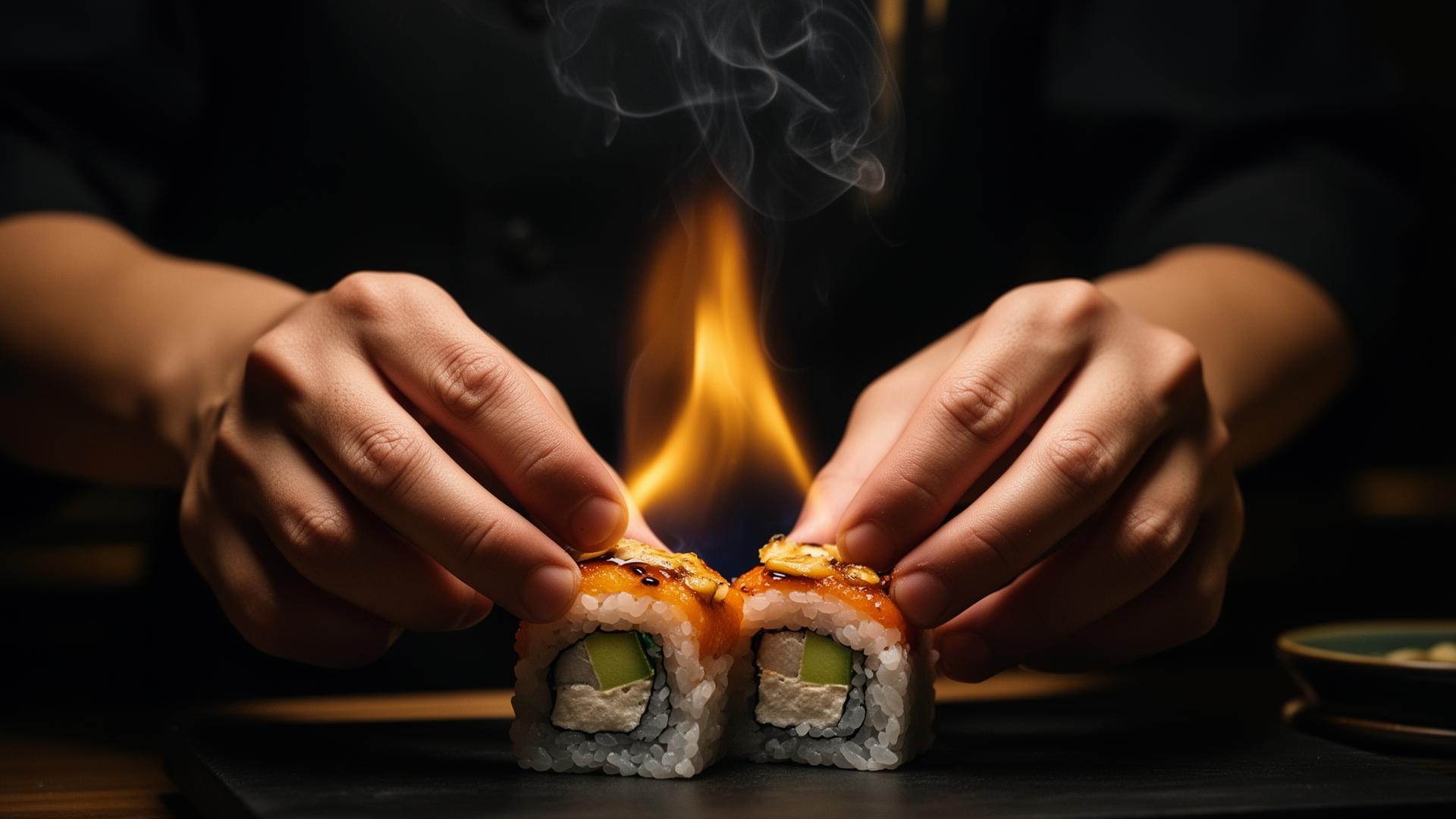 Chef torching a premium sushi roll at Sushi Susie